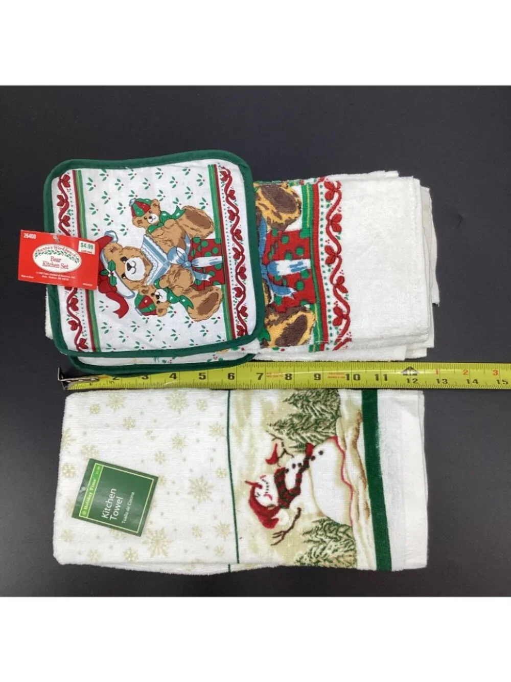 Vtg Set of 4 Holiday Christmas Sentiments Kitchen Towels & 3 Potholders 90s NWT!